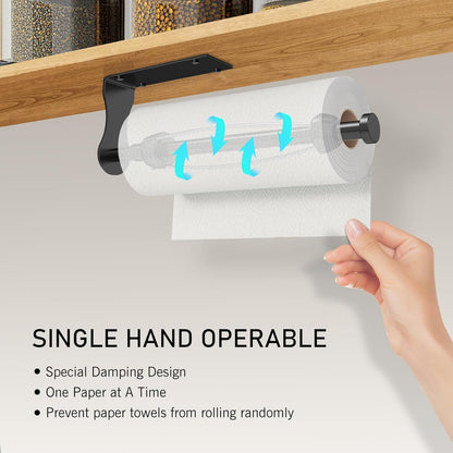 Paper Towel Holder, Single Hand Operable Paper Towel Holder under Cabinet with Adjustable Damper, Easy Tear, Wall Mount, Self-Adhesive or Drilled for Kitchen Bathroom, Black