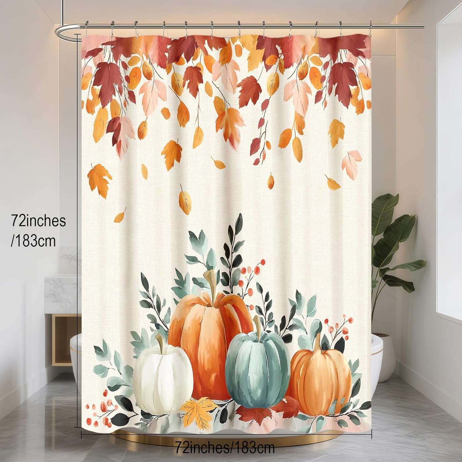 Autumn Pumpkin Fall Shower Curtain for Halloween Thanksgiving Harvest, Maple Leaf Floral Shower Curtain for Bathroom Decor, Polyester Waterproof Fabric, 72Wx72L Inch