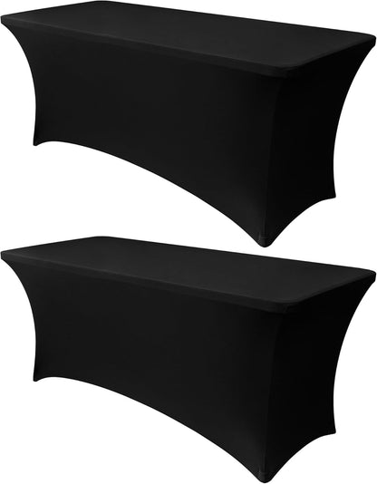 6Ft Stretch Black Spandex Table Cloth for Standard Folding Tables - 2 Pack Universal Rectangular Fitted Tablecloth Protector for Wedding, Trade Show, Vendor Stand