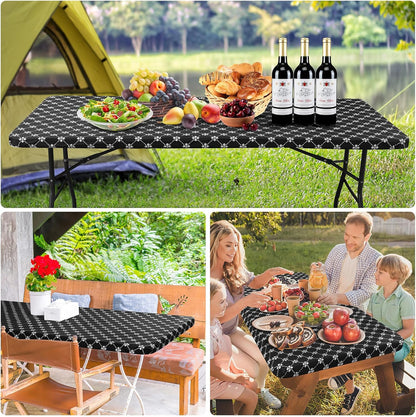 Rectangle Vinyl Table Cloth, Elastic Fitted Tablecloth with Flannel Backing, 6 Foot Waterproof Plastic Table Cover for Camping, Indoor and Outdoor (Black, 30" X 72")