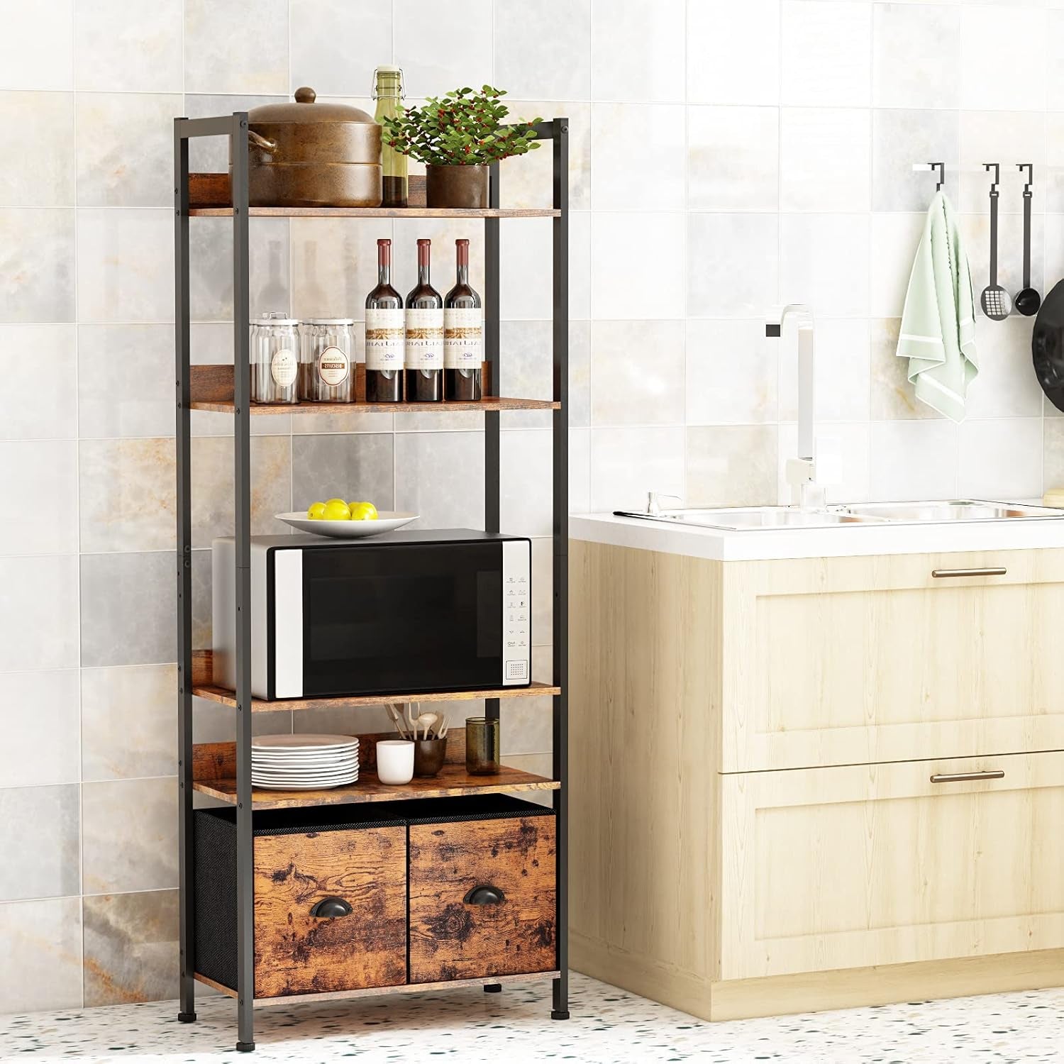 5-Tier Bookshelf, Tall Bookcase with 2 Storage Drawers, Industrial Display Standing Shelf Units, Wood and Metal Storage Shelf for Living Room, Bedroom, Home Office, Rustic Brown