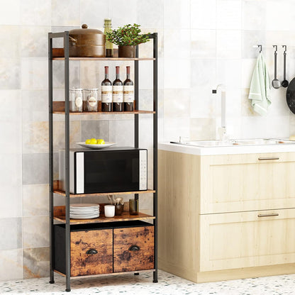 5-Tier Bookshelf, Tall Bookcase with 2 Storage Drawers, Industrial Display Standing Shelf Units, Wood and Metal Storage Shelf for Living Room, Bedroom, Home Office, Rustic Brown