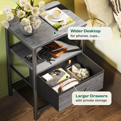 Set of 2 Nightstands with Fabric Drawers and Mesh Shelves, Grey Metal Frame Side Tables for Bedroom Storage