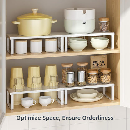 Cabinet Organizer Shelf, Set of 2 Stackable Wooden Spice Racks for Kitchen Counter, Pantry Storage, or Office – Space-Saving Shelves, Side-By-Side & Vertical, White