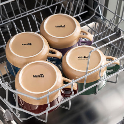 Professional Ceramic Soup Mugs Set of 4 with Handles and Lids, 24 OZ Capacity, Terracotta Underside, Includes Spoons for Soup, Cereal, Salad, Noodles, Ramen, Microwave and Dishwasher Safe, Multicolor