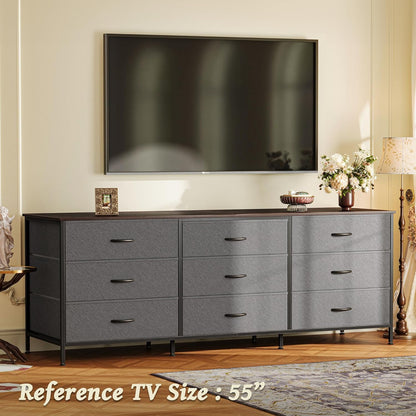 63-Inch Bedroom Dresser with 9 Drawers, Versatile Entertainment Center for 55-70 Inch TVs, Walnut and Dark Grey Finish