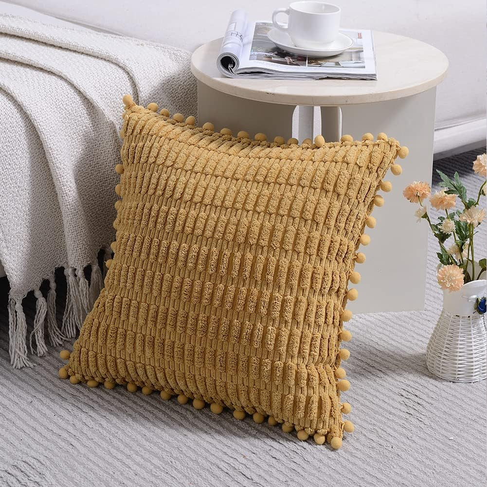 2 Packs Mustard Yellow Decorative Throw Pillow Covers 20X20 Inch with Pom-Poms for Couch Bed Living Room, Farmhouse Boho Home Decor, Soft Corduroy Cute Square Cushion Case 50X50 Cm