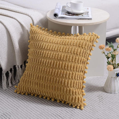 2 Packs Mustard Yellow Decorative Throw Pillow Covers 20X20 Inch with Pom-Poms for Couch Bed Living Room, Farmhouse Boho Home Decor, Soft Corduroy Cute Square Cushion Case 50X50 Cm