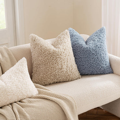 Pack of 2 Dusty Blue Faux Fur Throw Pillow Covers 18X18 Inch Boucle Decorative Sherpa Pillow Covers Fuzzy Accent Soft Sheepskin Fleece for Boho Home Decor Sofa Living Room Couch Bed