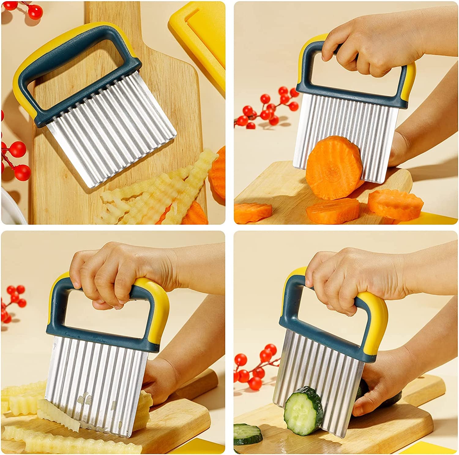 Crinkle Cutter Knife, Potatoes Crinkle Fry Cut and Vegetable Cutter for Veggies, Stainless Steel Carrot Slicer（Yellow）