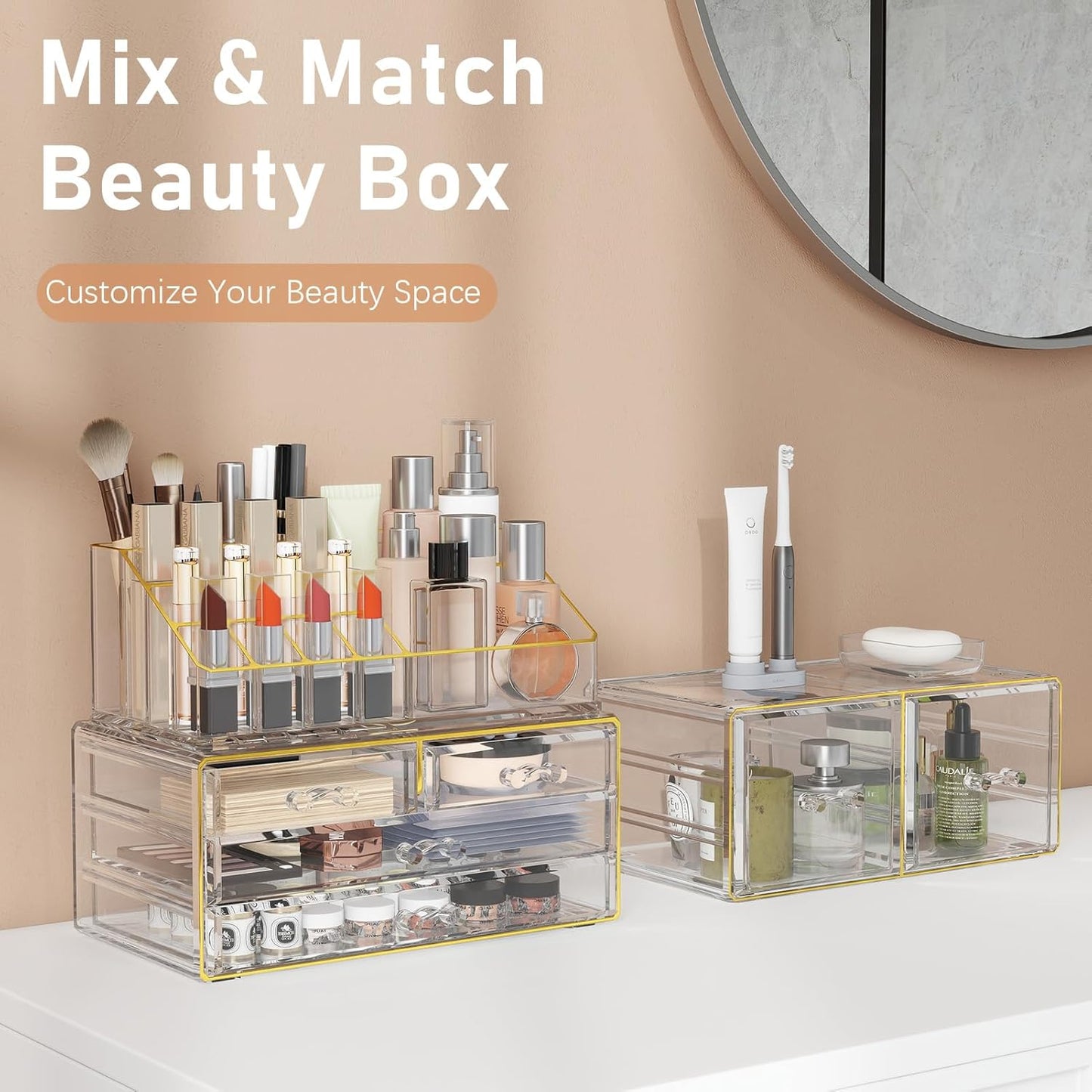 Makeup Organizer Countertop, Bathroom Organizers and Storage for Dresser, Vanity, No Install, Ideal for Large Skincare, Perfume, Present, Pink