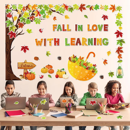 91Pcs Fall in Love with Learning Bulletin Board Decor Set Fall Tree Pumpkin Maple Leaves Umbrella Cutouts with Glue Points for Thanksgiving Autumn Home School Classroom Wall Blackboard Decorations