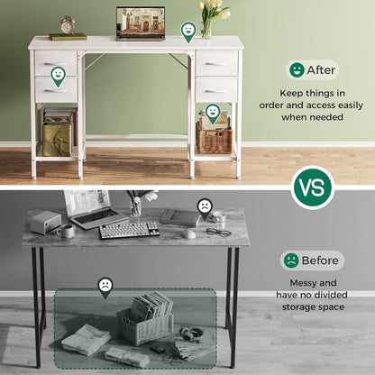 47-Inch White Desk with Four Drawers and Mesh Shelf, Versatile Study and Computer Table for Home Office and Bedroom