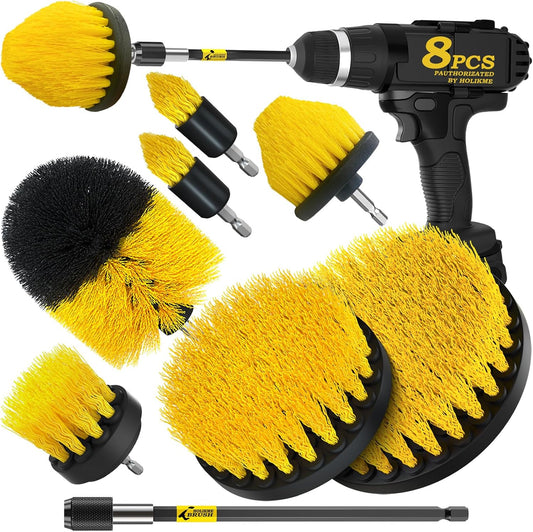 8 Piece Drill Brush Attachments Set, Power Scrubber with Extend Long Attachment，Cleaning Supplies for Bathtub, Shower, Grout, Tile(Yellow)