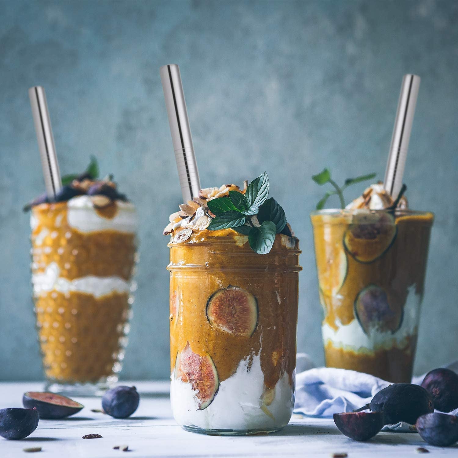 5 Pcs 10" Reusable Bubble Tea & Smoothie Straws, Stainless Steel, Angled Tips, 0.5" Wide, Cleaning Brushes