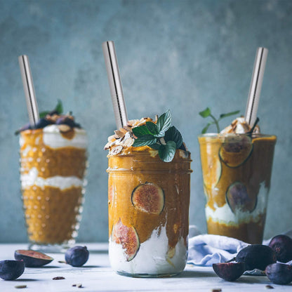 5 Pcs 10" Reusable Bubble Tea & Smoothie Straws, Stainless Steel, Angled Tips, 0.5" Wide, Cleaning Brushes