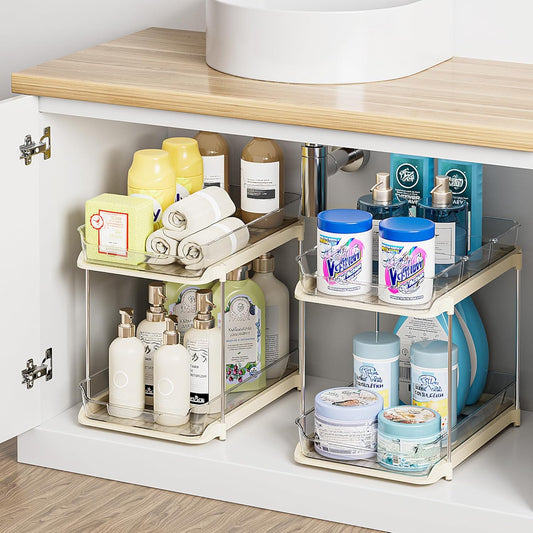 2 Sets of 2-Tier Multi-Purpose Bathroom Cabinet under Sink Organizers and Storage, Stackable Kitchen Pantry Organization and Storage, Beige
