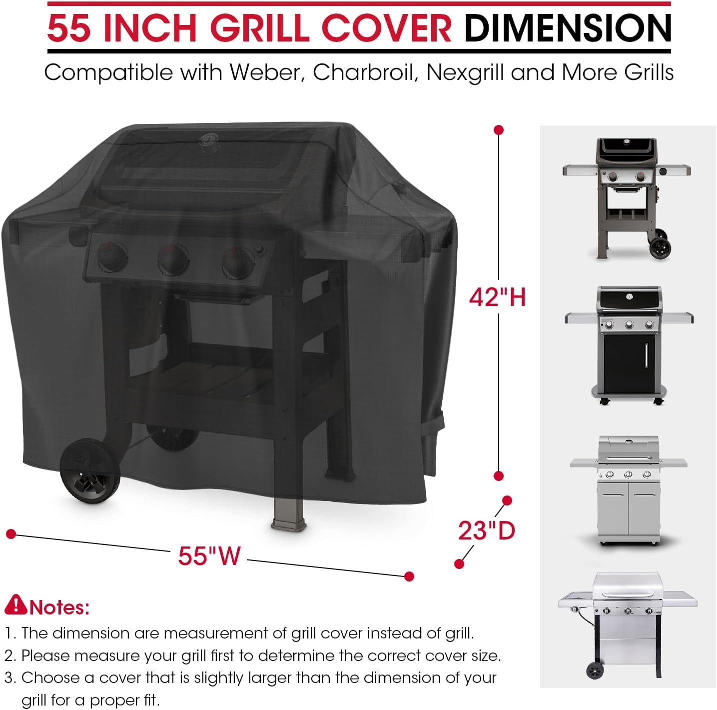 Grill Cover 55 Inch, BBQ Cover for Outdoor Grill, Unique Waterproof Vinyl Exterior with Polyester Lining, Compatible with Weber Char-Broil Nexgrill Bbqs up to 53”Wide, Basic Version