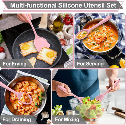 Kitchen Utensil Set, 4 Pieces Non-Stick Silicone Cooking Utensils, Heat-Resistant Slotted Solid Spoon Turner for Frying, Mixing, Serving, Non-Toxic & Easy to Clean, Pink