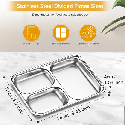 2 Pcs Stainless Steel Kids Plates Set, Toddler Baby Adults Divided Plate, Portion Control Plates for Bariatric & Diabetic Diet, Non Toxic Camping Metal Snack Plate for Eating, Easy to Clean, Silver