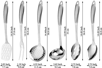 Premium 6-Piece Stainless Steel Kitchen Utensil Set with Essential Cooking Tools Including Metal Spatula, Skimmer, Ladle, Serving Spoon, Slotted Spoon, and Carving Fork