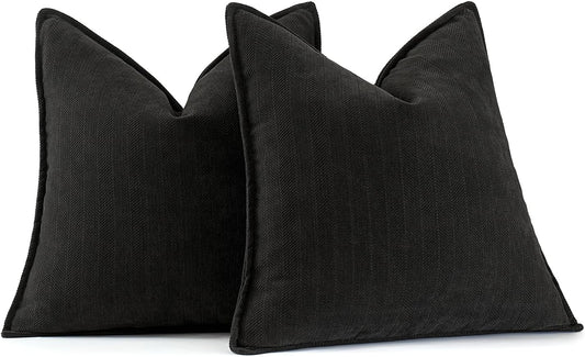 Pack of 2 Black Decorative Pillow Covers 18X18 Inch Soft Chenille Luxurious Couch Throw Pillows Farmhouse Cushion Covers with Elegant Design for Sofa Bedroom Living Room Home Decor