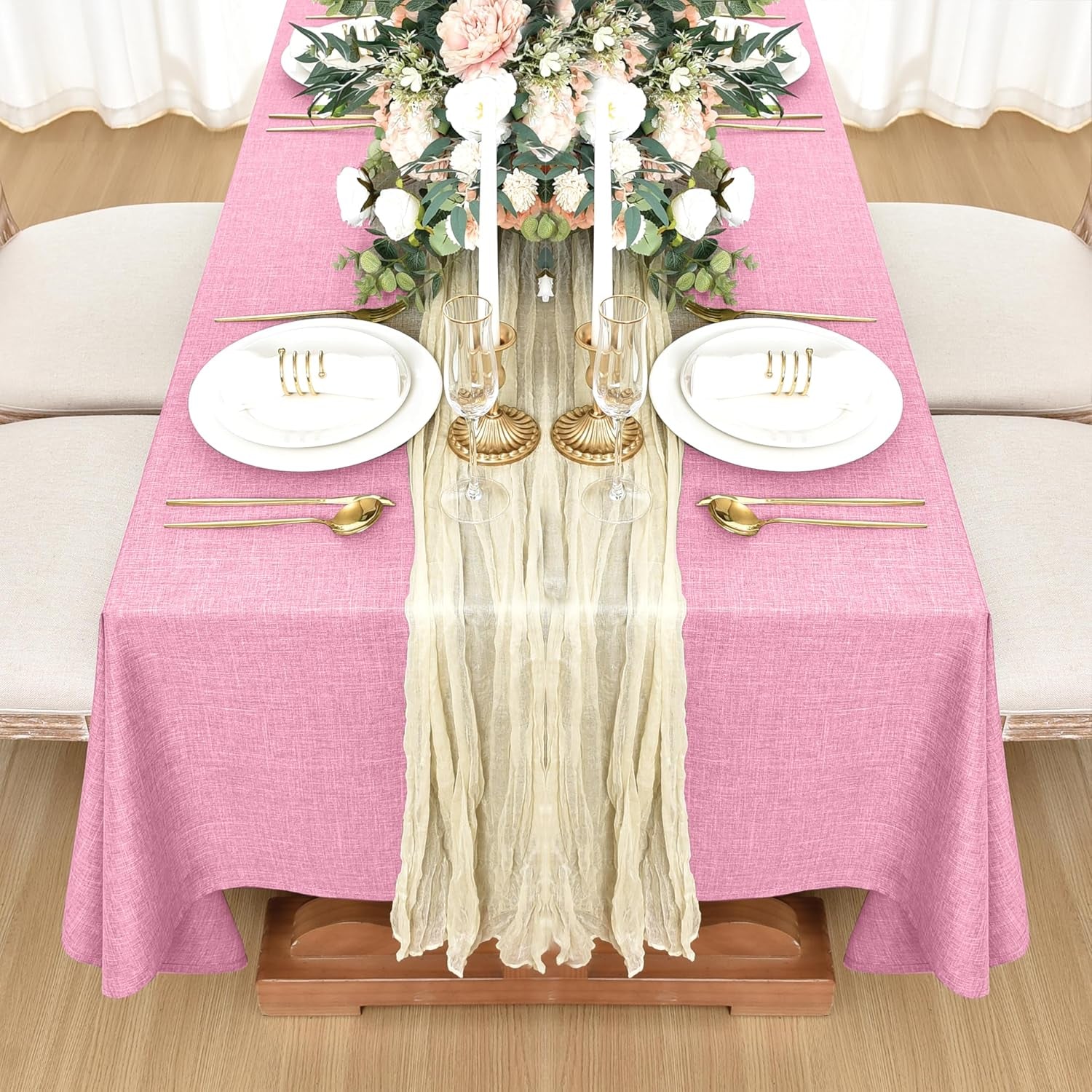 Faux Linen Tablecloths for Rectangle Tables - Water and Stain Resistant Farmhouse Style, Washable Burlap Textured Covers for Dining and Events (2 Pack, 52x70 Inch, Pink)