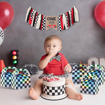 24 Pcs Iridescent Checkered Race Car Party Favor Gable Boxes, Paper Black and Iridescent Car Goodie Treat Boxes, Racecar Laser Plaid Gift Box for Kids Fast Race Cars Birthday Party Decorations