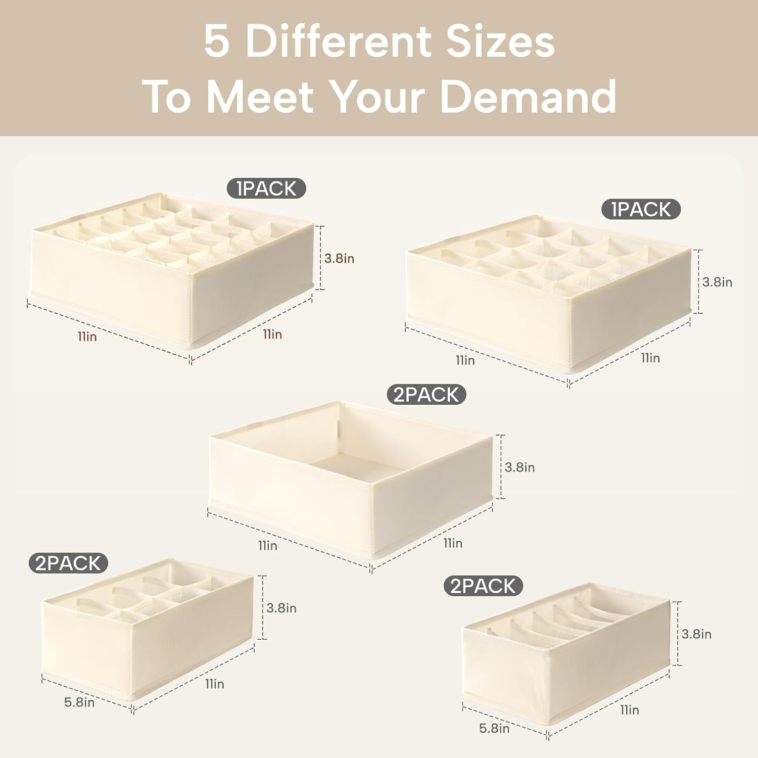 Underwear Sock Drawer Organizer Dividers 8 Set, Foldable Dresser Closet Organizers and Storage Bins for Baby Clothing, Sock, Underwear, Bra, Ties, Scarf (Beige)