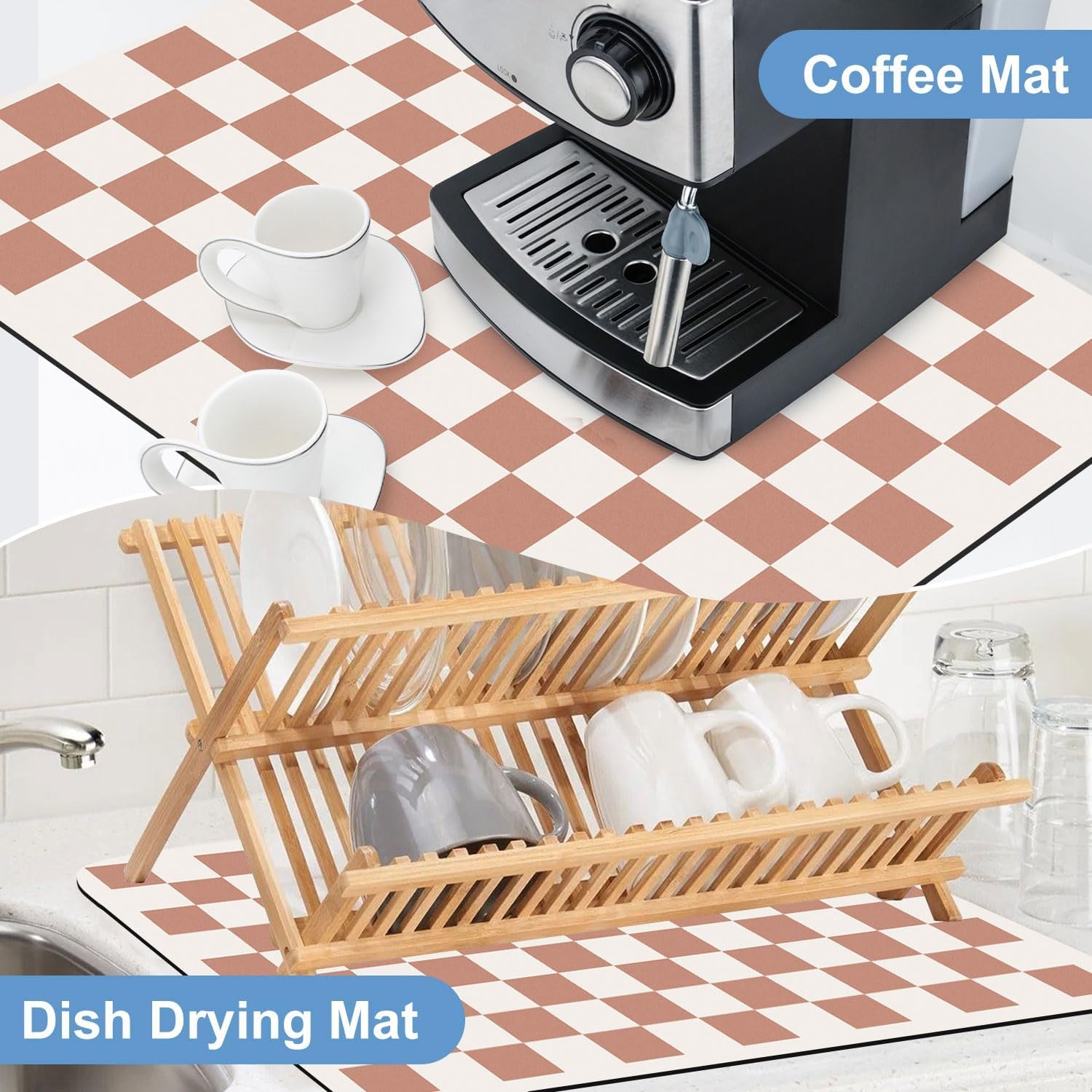 Coffee Mats, 19"X12" Checkered Dish Drying Mat for Kitchen Counter, Quick Dry Mat, Diatomite Absorbent Aesthetic Large Drying Mats for Coffee Bar - Beige