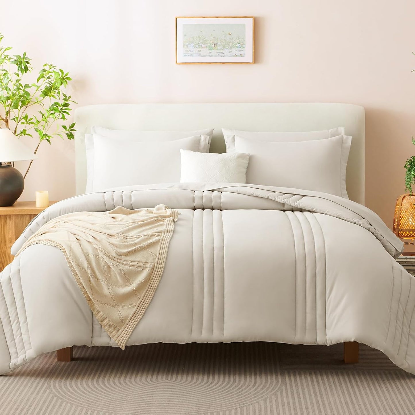 Queen Comforter Set - 7 Pieces Bed in a Bag Beige Comforters Queen Size Bed Set, Soft Bedding Set with All Seasons Comforter, Sheets, Pillowcases & Shams