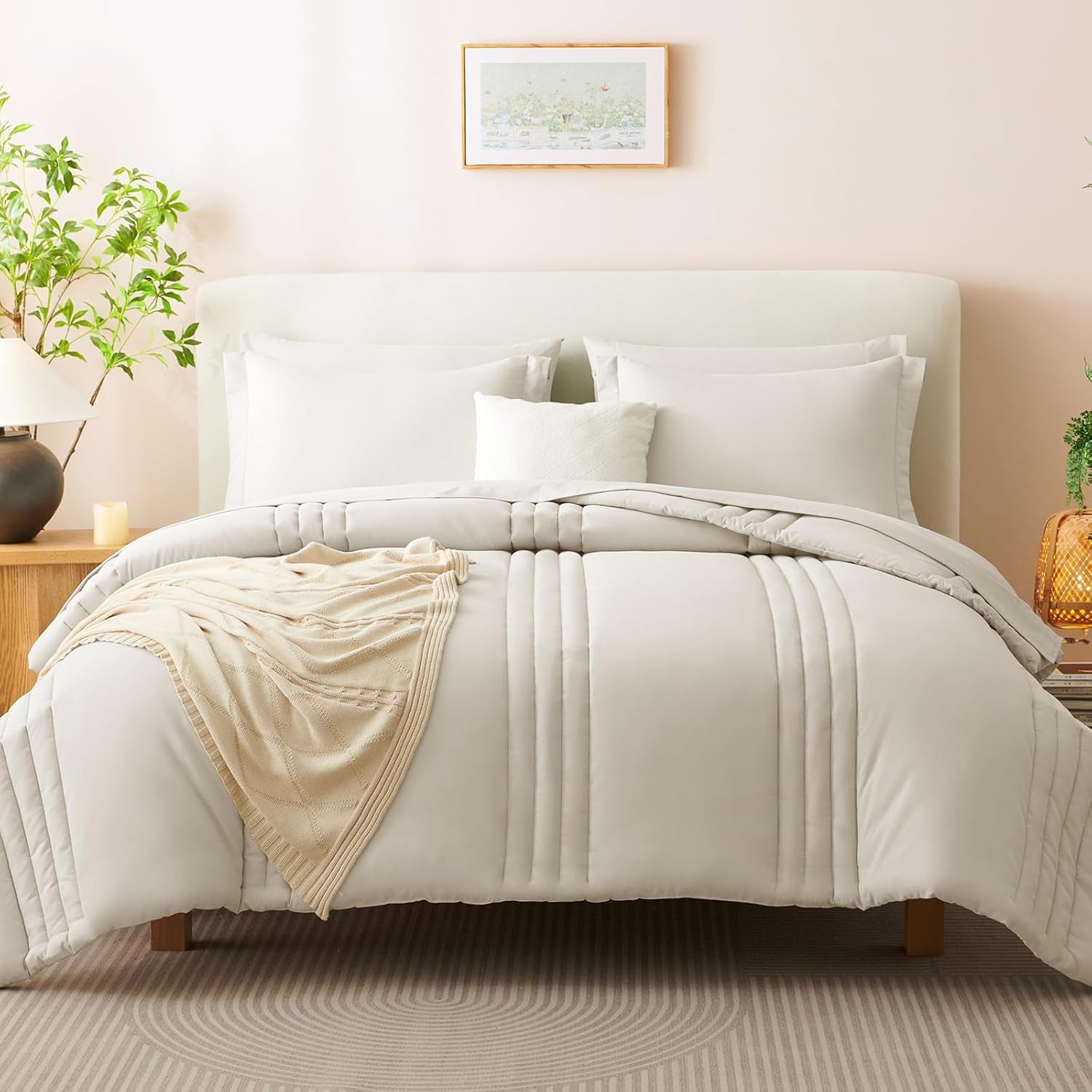 Queen Comforter Set - 7 Pieces Bed in a Bag Beige Comforters Queen Size Bed Set, Soft Bedding Set with All Seasons Comforter, Sheets, Pillowcases & Shams