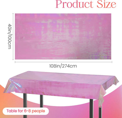 Set of 2 Pink Iridescent Disposable Tablecloths - 40 x 108 Inches Shiny Holographic Covers for Party, Wedding, and Banquet Decorations