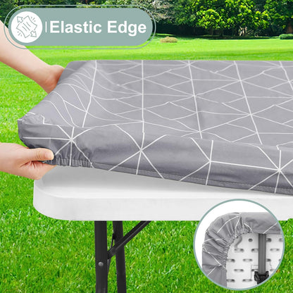 Rectangle Fitted Plastic Table Cloth, Elastic Vinyl Flannel Backed Tablecloth, Waterproof Table Cover Fits 6 Foot Folding Tables for Outdoor Picnic Camping (Light Grey, 30" X 72")