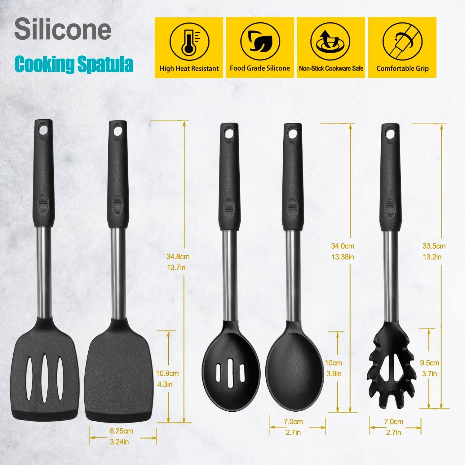 Silicone Spatula and Cooking Spoon,5 Pack Non-Stick Cooking Utensils for Kitchen，Heat Resistant Solid & Slotted Spoons and Spatulas, Stainless Steel Handle Coated with Silicone,Black