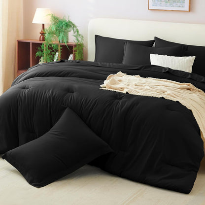 Queen Comforter Set Black, 7 Pieces Bed in a Bag Soft Bedding Comforter Set with Sheets, All Season Boho 7PC Bed Sets with Comforter, Fitted Sheets, Flat Sheets, Pillow Shams and Pillowcases