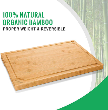 Extra Large Bamboo Cutting Board for Kitchen, Heavy Duty Wood Cutting Board with Juice Groove, 100% Organic Bamboo, Pre Oiled, 18" X 12" X 0.6"