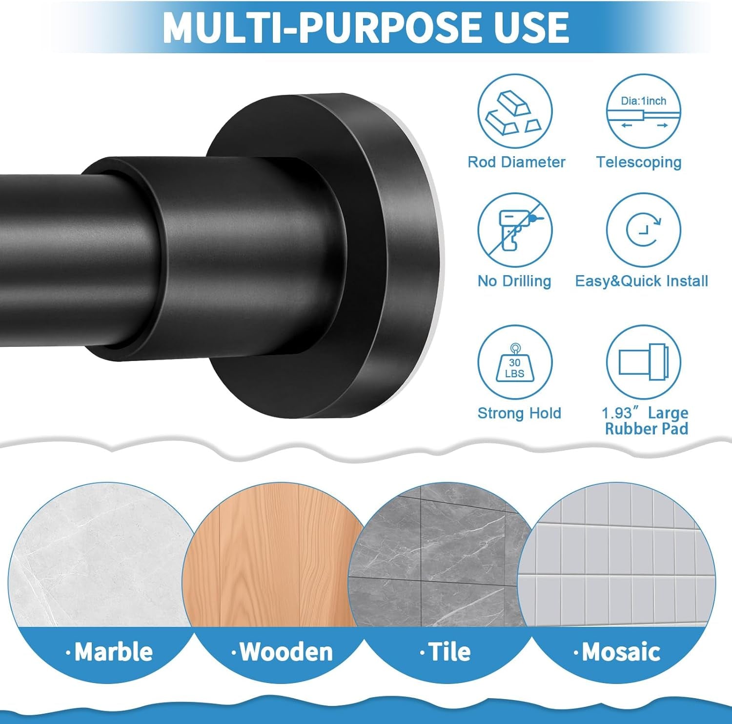 Black Shower Curtain Rod 36-84 Inches (3-7Ft) Non Rust Adjustable Shower Rod Spring Tension Non Slip No Drilling Stainless Steel Shower Rods for Bathroom Window