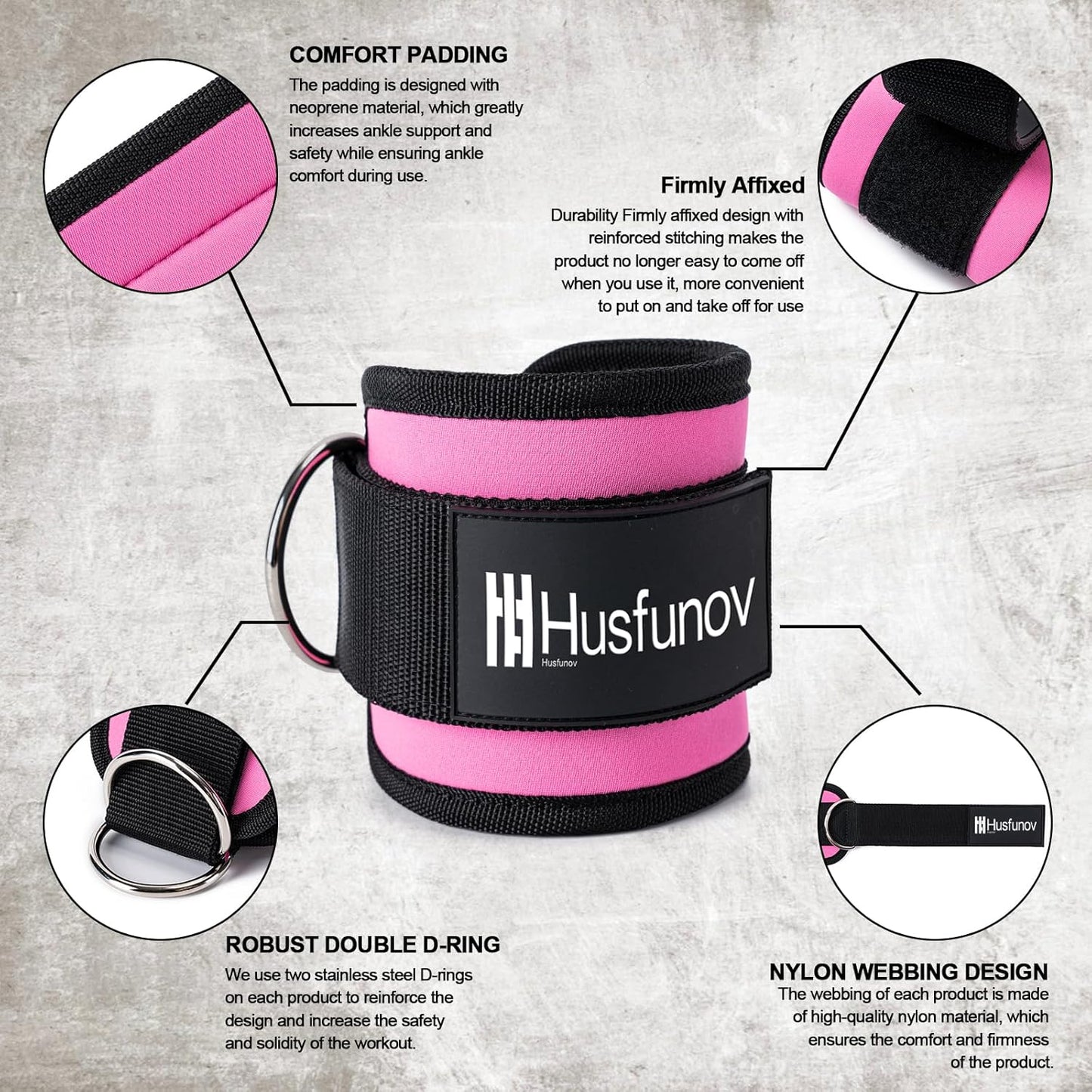 Ankle Strap for Cable Machine, Adjustable Cable Kick Back Ankle Strap with Neoprene Padding, Double D-Rings Design Ankle Resistance Band