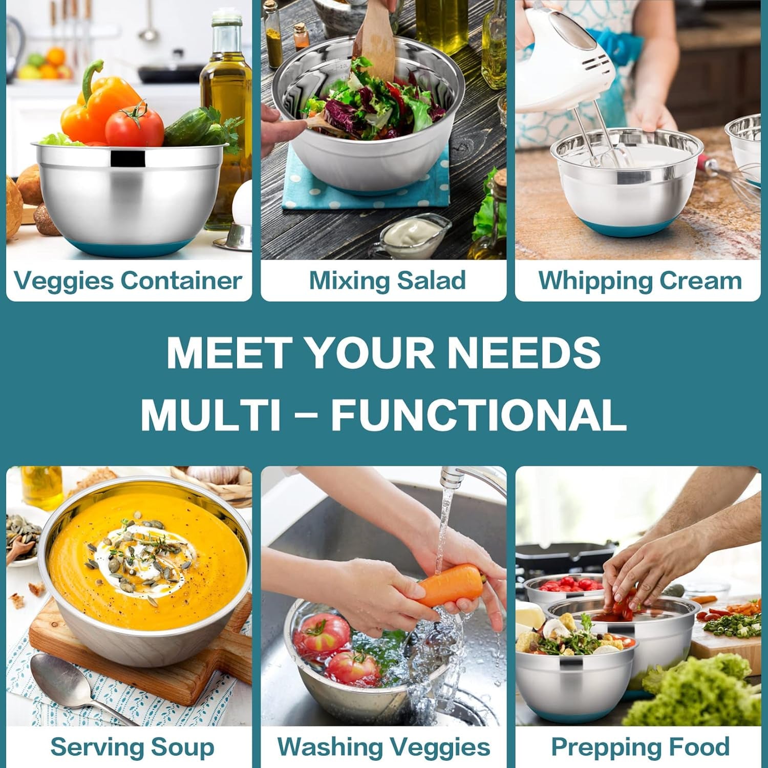 Mixing Bowls with Lids Set of 5, Stainless Steel Nesting Salad Bowl with Lid & Base for Non-Slip Mixing Prepping Storing Serving, 5 Sizes-7/3.5/2.5/1.5/1 QT, Blue