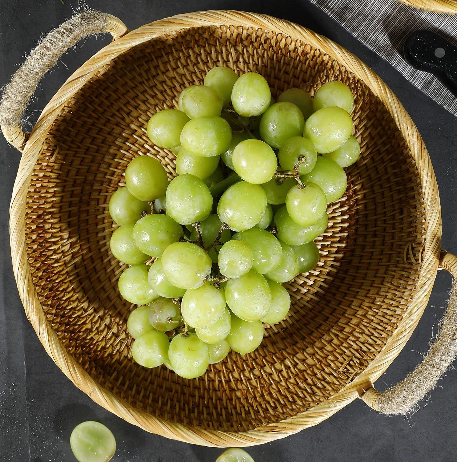 Rattan round Fruit Basket for Table Wicker Bread Tray with Handle for Serving Food, Crackers, Snacks (11Inch D X 1.8Inch H)