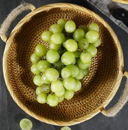 Rattan round Fruit Basket for Table Wicker Bread Tray with Handle for Serving Food, Crackers, Snacks (11Inch D X 1.8Inch H)