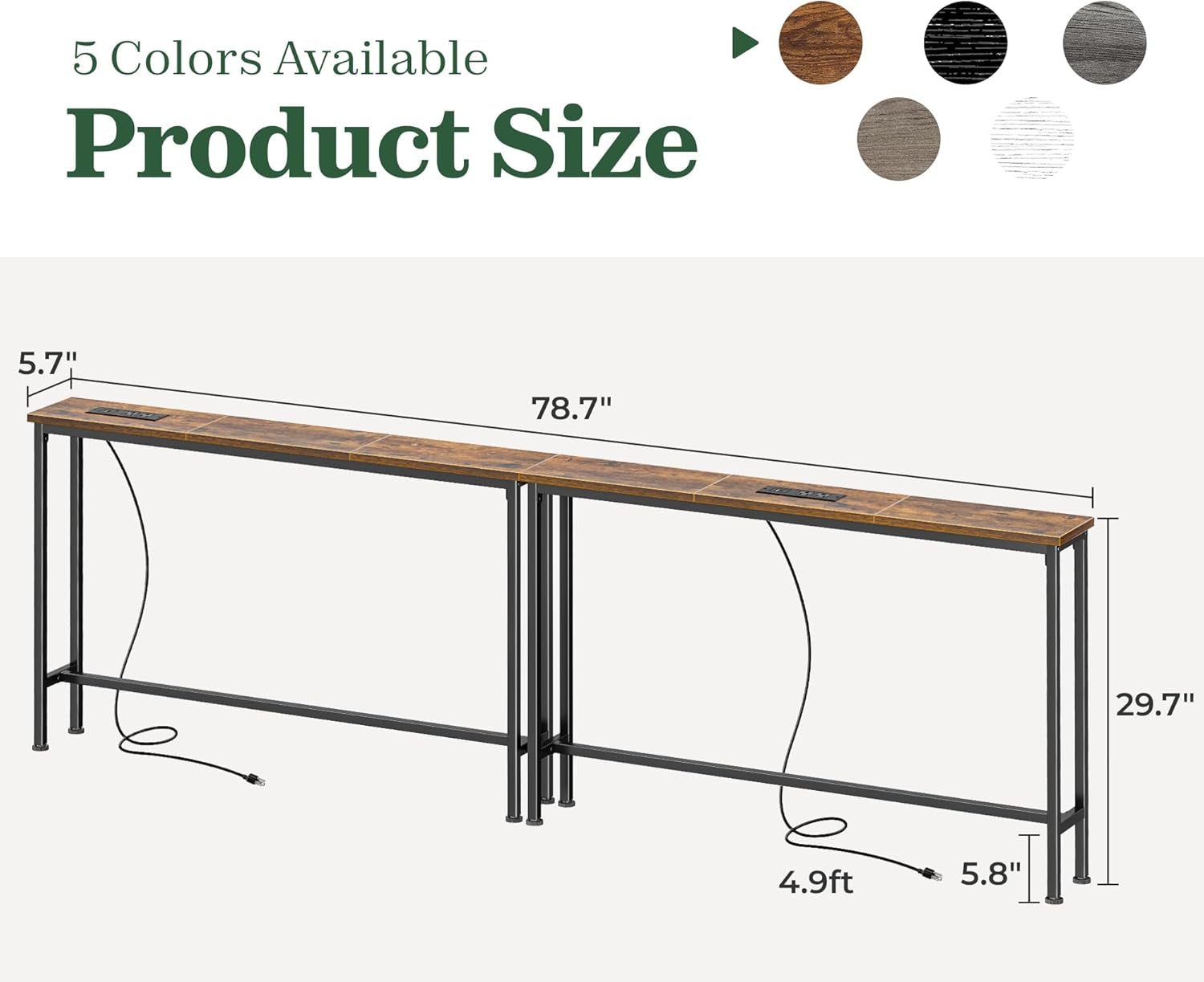 78.8-Inch Rustic Brown Narrow Console Table Set with Charging Station - Dual Sofa Tables for Living Room and Entryway