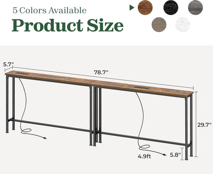 78.8-Inch Rustic Brown Narrow Console Table Set with Charging Station - Dual Sofa Tables for Living Room and Entryway