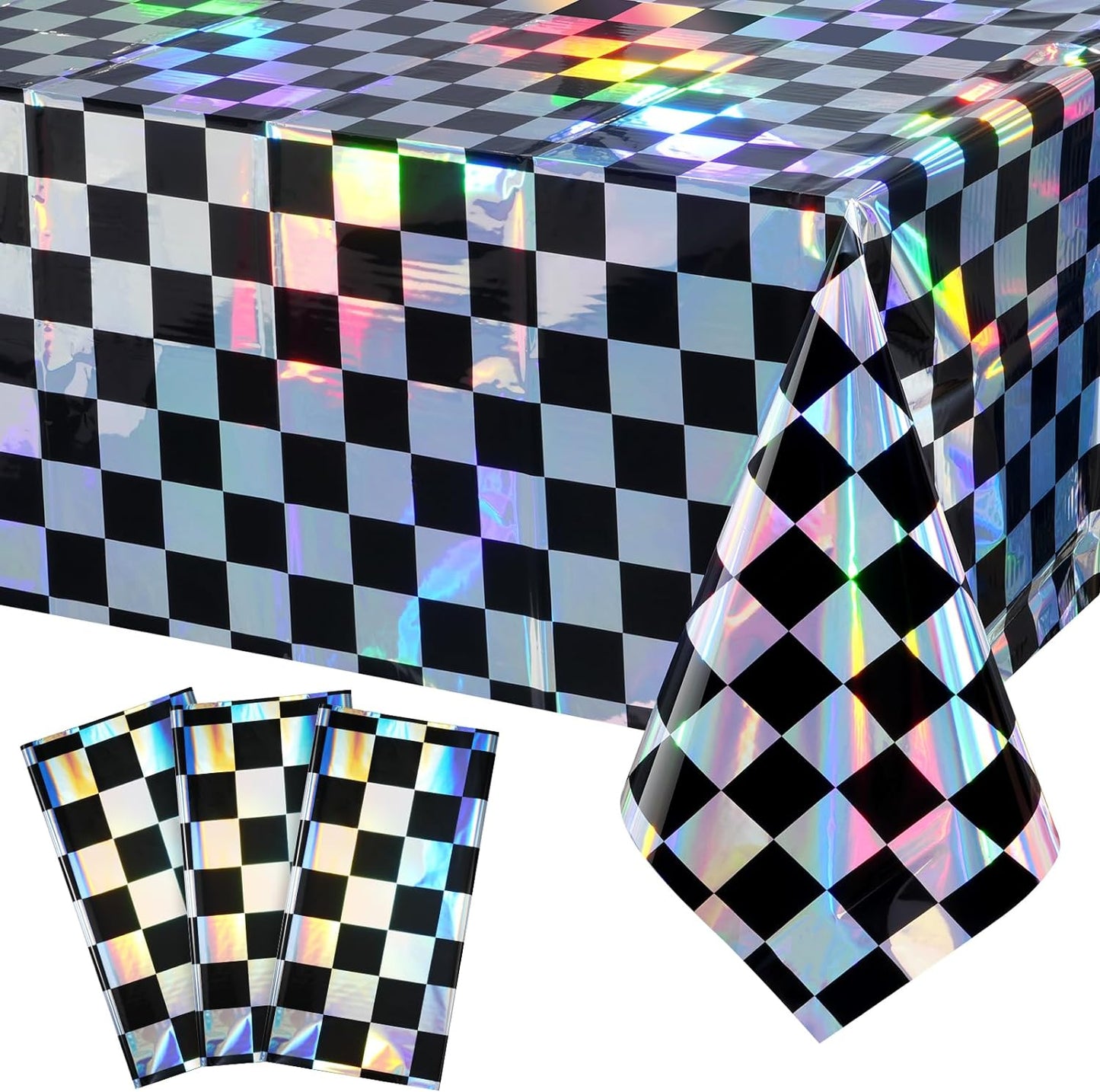 3Pack Black and Iridescent Checkered Plastic Tablecloth, Shiny Disposable Laser Rectangle Table Covers, Holographic Foil Tablecloth Iridescent Party Decorations for Picnic Camping Race Car, 54X108Inch