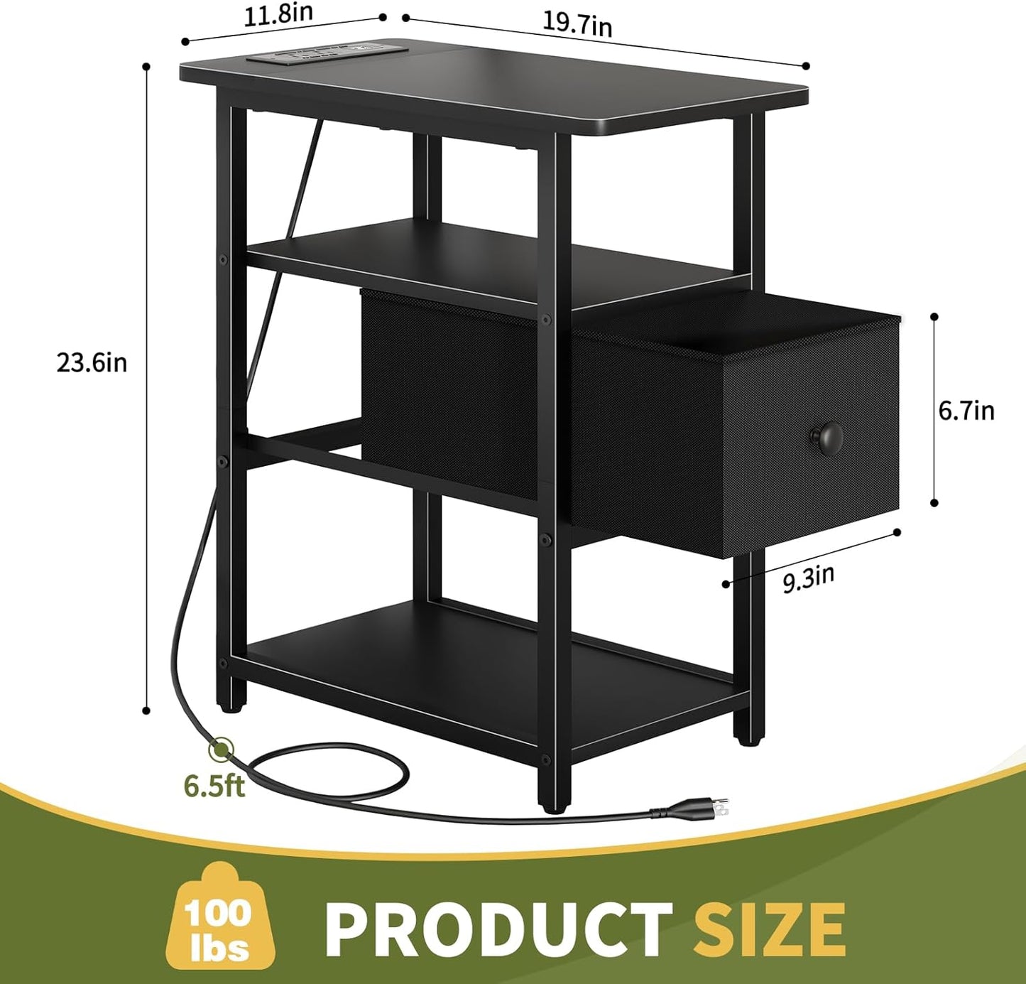 End Table with Charging Station, Narrow Side Table with Adjustable Fabric Drawer, 3-Tier End Tables Living Room, Small Nightstand with Outlets, LED Skinny Night Stand for Bedroom Small Spaces