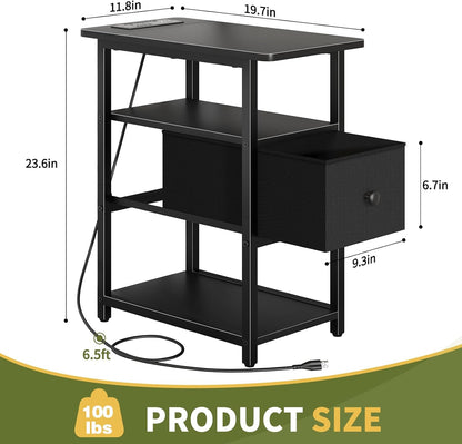 End Table with Charging Station, Narrow Side Table with Adjustable Fabric Drawer, 3-Tier End Tables Living Room, Small Nightstand with Outlets, LED Skinny Night Stand for Bedroom Small Spaces