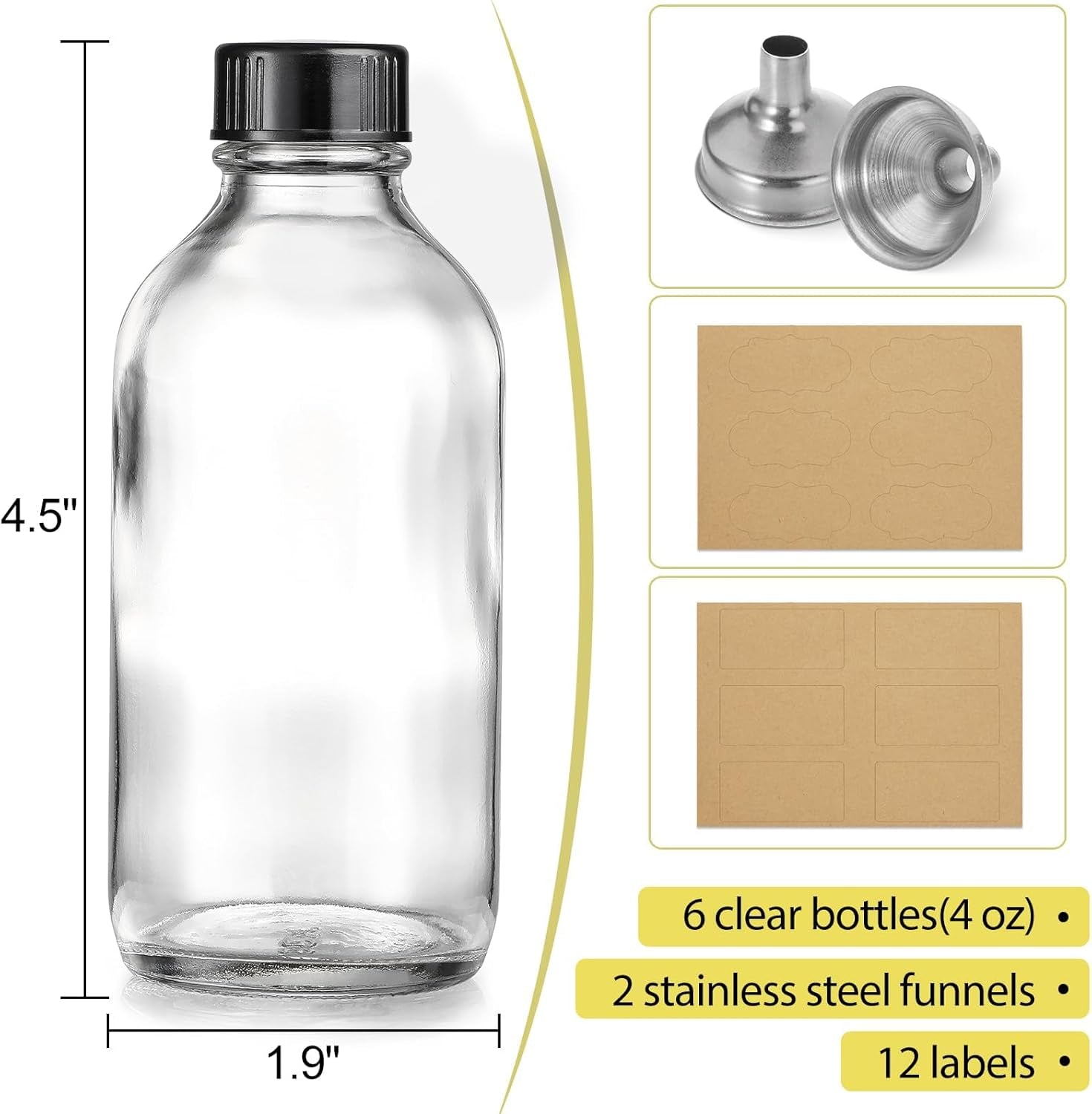 6 Pack, 4 Oz Small Clear Glass Bottles with Lids & 2 Stainless Steel Funnels - 120Ml Boston Sample Bottle for Potion, Juice, Wellness, Ginger Shots, Whiskey, Liquids - Mini Travel Essential Bottles