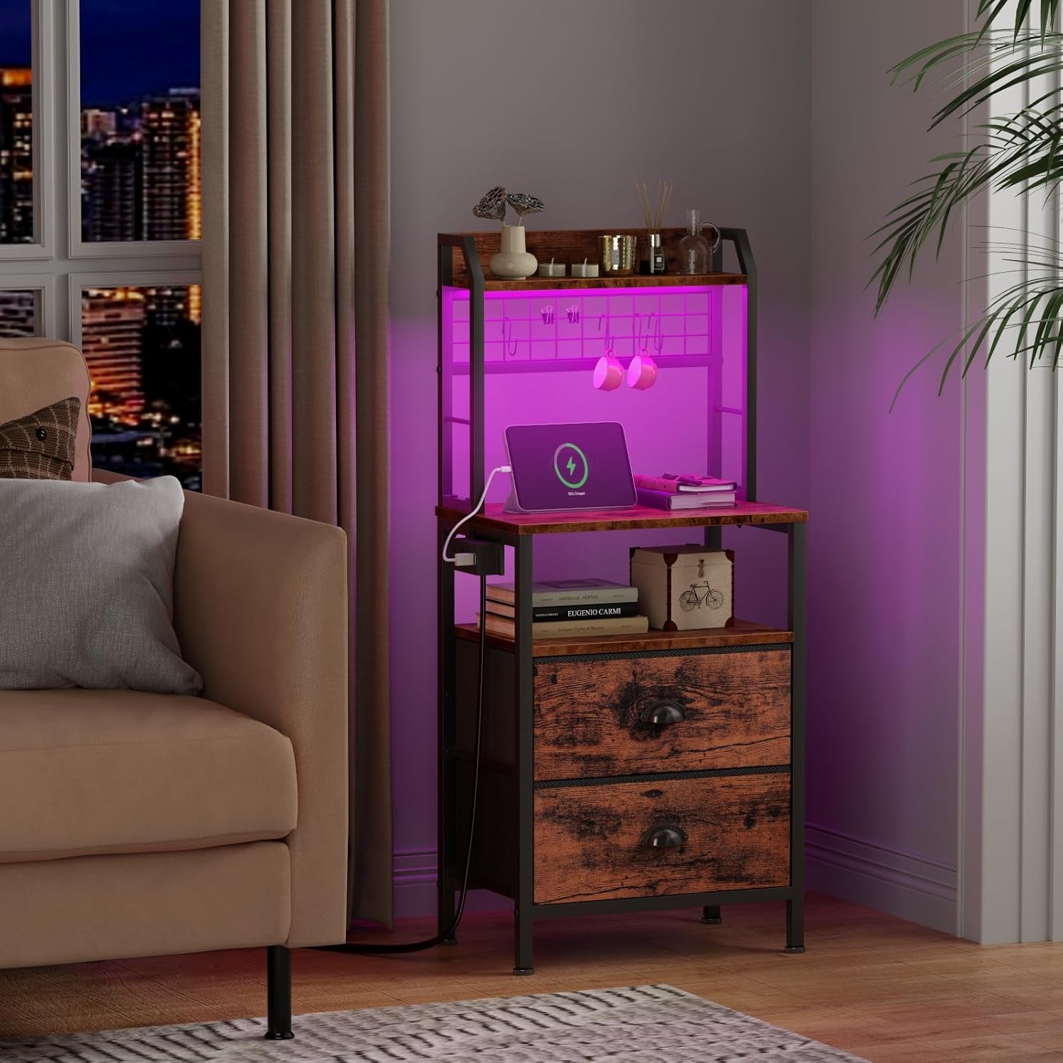 40'' Tall Nightstand with Charging Station, Bedside Table with LED Lights, End Table with 2 Drawers and Storage Shelves, Night Stand with Pegboard for Bedroom, Rustic Brown