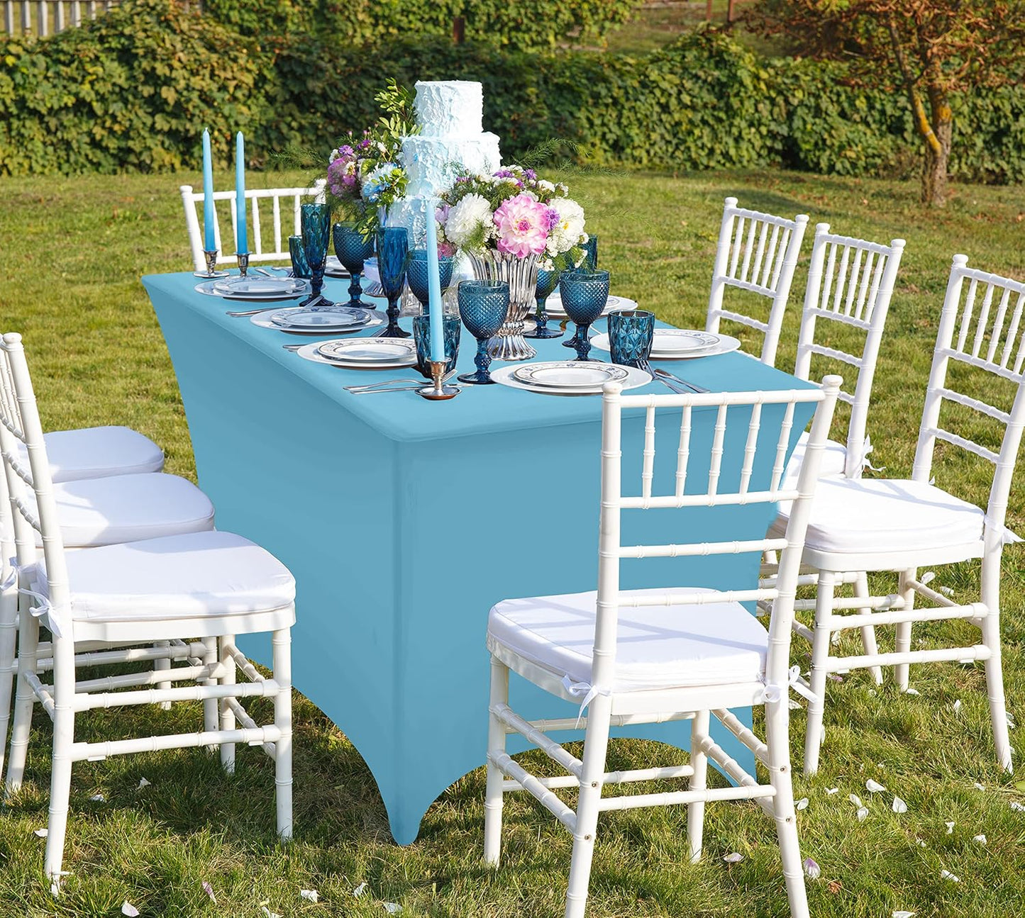 Spandex Tablecloth 2 Pack [6FT, Blue Mist] Tight, Fitted, Washable and Wrinkle Resistant Stretch Rectangular Patio Table Cover for Event, Wedding, Banquet & Parties [72Lx30Wx30H Inch]